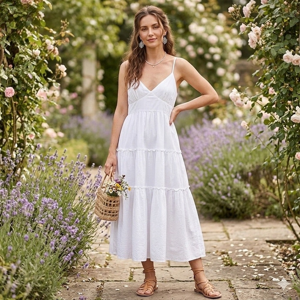 NEW La Ligne Beatirix Dress White Stripe Cotton Silk Tiered Midi Size Large
